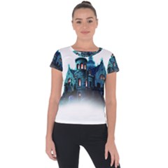 Blue Castle Halloween Horror Haunted House Short Sleeve Sports Top  by Sarkoni
