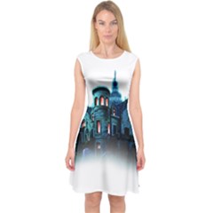 Blue Castle Halloween Horror Haunted House Capsleeve Midi Dress