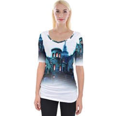 Blue Castle Halloween Horror Haunted House Wide Neckline T-shirt