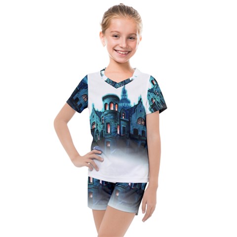 Blue Castle Halloween Horror Haunted House Kids  Mesh T-shirt And Shorts Set by Sarkoni