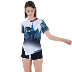 Blue Castle Halloween Horror Haunted House Asymmetrical Short Sleeve Sports T-shirt by Sarkoni