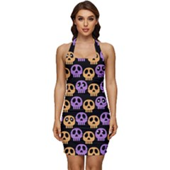 Halloween Skull Pattern Sleeveless Wide Square Neckline Ruched Bodycon Dress by Ndabl3x