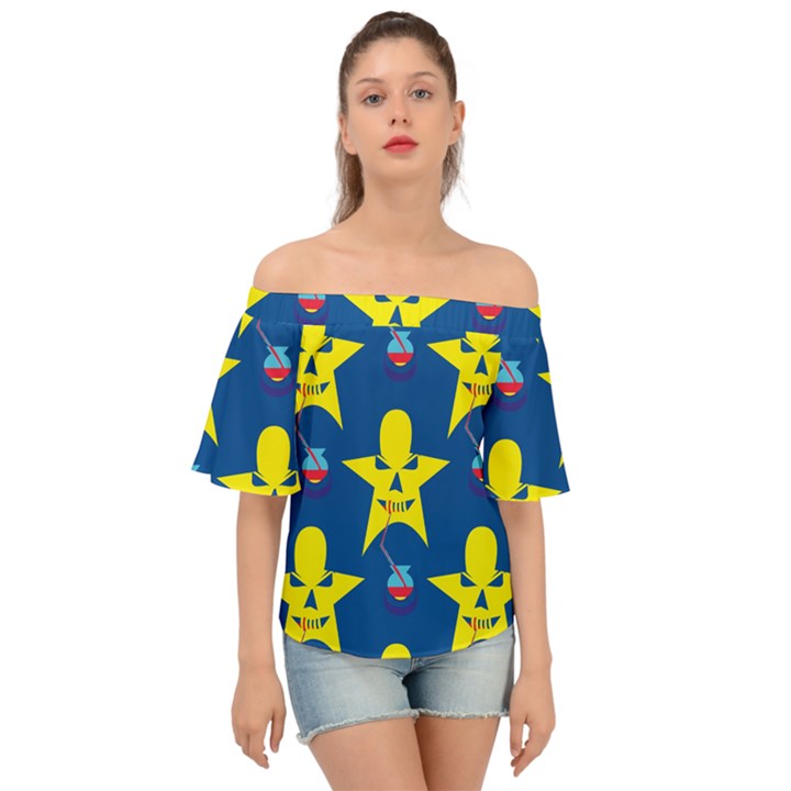 Blue Yellow October 31 Halloween Off Shoulder Short Sleeve Top