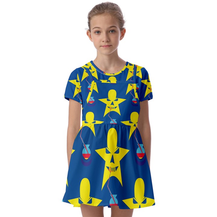 Blue Yellow October 31 Halloween Kids  Short Sleeve Pinafore Style Dress