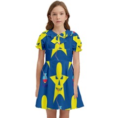 Blue Yellow October 31 Halloween Kids  Bow Tie Puff Sleeve Dress by Ndabl3x