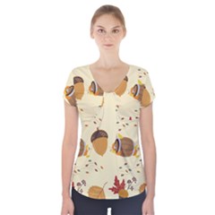 Leaves Foliage Acorns Barrel Short Sleeve Front Detail Top by Ndabl3x