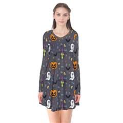 Halloween Bat Pattern Long Sleeve V-neck Flare Dress by Ndabl3x