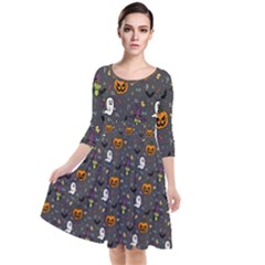 Halloween Bat Pattern Quarter Sleeve Waist Band Dress