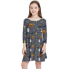 Halloween Bat Pattern Kids  Quarter Sleeve Skater Dress by Ndabl3x