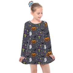 Halloween Bat Pattern Kids  Long Sleeve Dress by Ndabl3x