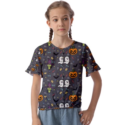 Halloween Bat Pattern Kids  Cuff Sleeve Scrunch Bottom T-shirt by Ndabl3x