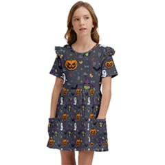 Halloween Bat Pattern Kids  Frilly Sleeves Pocket Dress by Ndabl3x