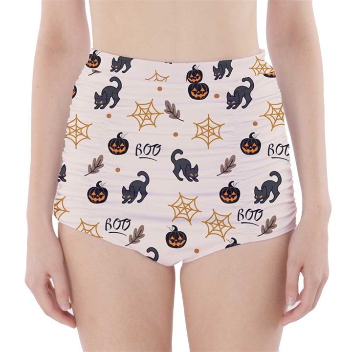 Cat Halloween Pattern High-Waisted Bikini Bottoms