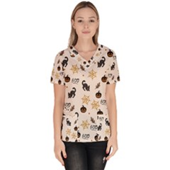 Cat Halloween Pattern Women s V-neck Scrub Top by Ndabl3x