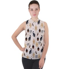 Cat Halloween Pattern Mock Neck Chiffon Sleeveless Top by Ndabl3x