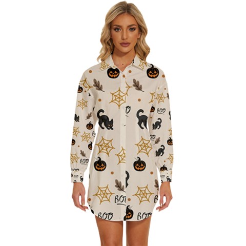 Cat Halloween Pattern Womens Long Sleeve Shirt Dress by Ndabl3x