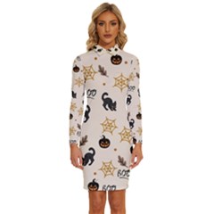 Cat Halloween Pattern Long Sleeve Shirt Collar Bodycon Dress by Ndabl3x