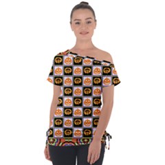 Chess Halloween Pattern Off Shoulder Tie-up T-shirt