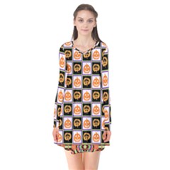 Chess Halloween Pattern Long Sleeve V-neck Flare Dress by Ndabl3x