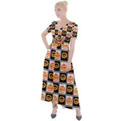 Chess Halloween Pattern Button Up Short Sleeve Maxi Dress