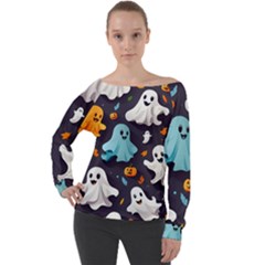 Ghost Pumpkin Scary Off Shoulder Long Sleeve Velour Top