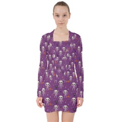 Skull Halloween Pattern V-neck Bodycon Long Sleeve Dress by Ndabl3x