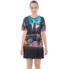 Teenage Mutant Ninja Turtles Leonardo Raphael Michelangelo Donatello Sixties Short Sleeve Mini Dress by Sarkoni