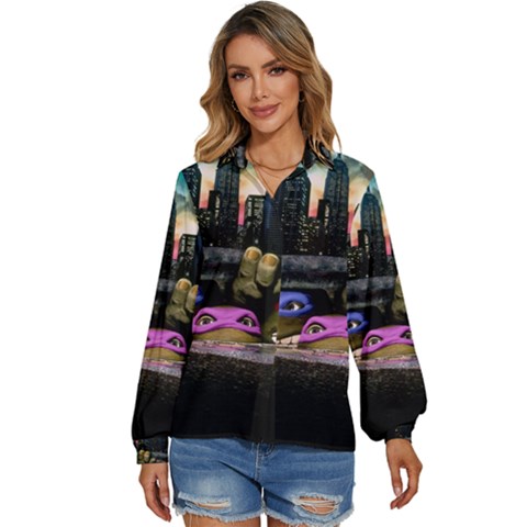 Teenage Mutant Ninja Turtles Leonardo Raphael Michelangelo Donatello Women s Long Sleeve Button Up Shirt by Sarkoni