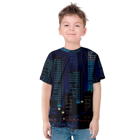 Pixel Art Night City Japan Kids  Cotton T-shirt by Sarkoni