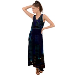 Pixel Art Night City Japan V-Neck Chiffon Maxi Dress