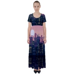 Pixel Art City High Waist Short Sleeve Maxi Dress