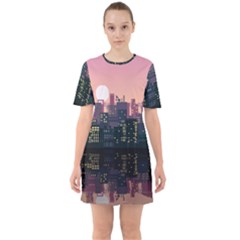 Pixel Art City Sixties Short Sleeve Mini Dress by Sarkoni