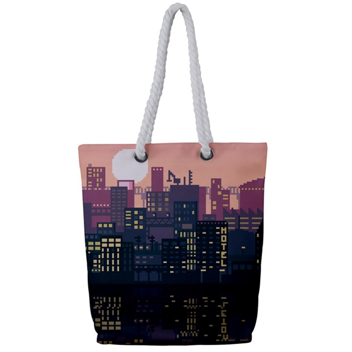 Pixel Art City Full Print Rope Handle Tote (Small)