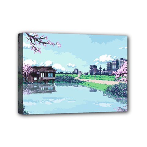 Japanese Themed Pixel Art The Urban And Rural Side Of Japan Mini Canvas 7  X 5  (stretched)