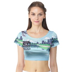 Japanese Themed Pixel Art The Urban And Rural Side Of Japan Short Sleeve Crop Top