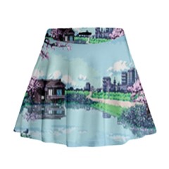 Japanese Themed Pixel Art The Urban And Rural Side Of Japan Mini Flare Skirt