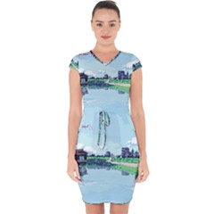 Japanese Themed Pixel Art The Urban And Rural Side Of Japan Capsleeve Drawstring Dress 