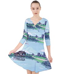 Japanese Themed Pixel Art The Urban And Rural Side Of Japan Quarter Sleeve Front Wrap Dress