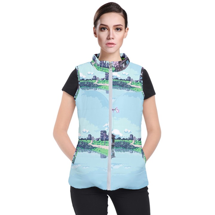 Japanese Themed Pixel Art The Urban And Rural Side Of Japan Women s Puffer Vest