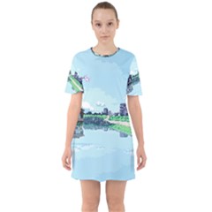 Japanese Themed Pixel Art The Urban And Rural Side Of Japan Sixties Short Sleeve Mini Dress