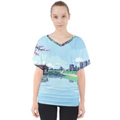 Japanese Themed Pixel Art The Urban And Rural Side Of Japan V-Neck Dolman Drape Top