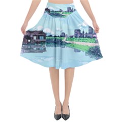 Japanese Themed Pixel Art The Urban And Rural Side Of Japan Flared Midi Skirt