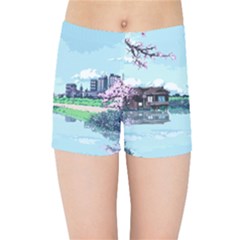 Japanese Themed Pixel Art The Urban And Rural Side Of Japan Kids  Sports Shorts