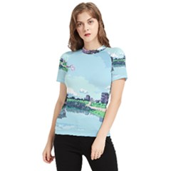 Japanese Themed Pixel Art The Urban And Rural Side Of Japan Women s Short Sleeve Rash Guard