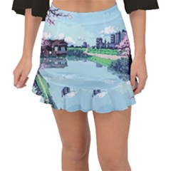 Japanese Themed Pixel Art The Urban And Rural Side Of Japan Fishtail Mini Chiffon Skirt