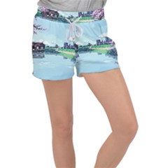 Japanese Themed Pixel Art The Urban And Rural Side Of Japan Women s Velour Lounge Shorts