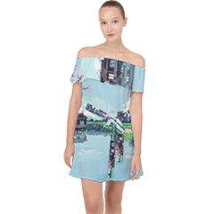 Japanese Themed Pixel Art The Urban And Rural Side Of Japan Off Shoulder Chiffon Dress