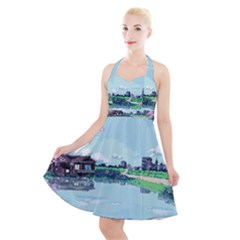 Japanese Themed Pixel Art The Urban And Rural Side Of Japan Halter Party Swing Dress 