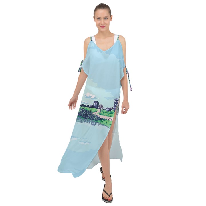 Japanese Themed Pixel Art The Urban And Rural Side Of Japan Maxi Chiffon Cover Up Dress