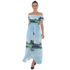 Japanese Themed Pixel Art The Urban And Rural Side Of Japan Off Shoulder Open Front Chiffon Dress